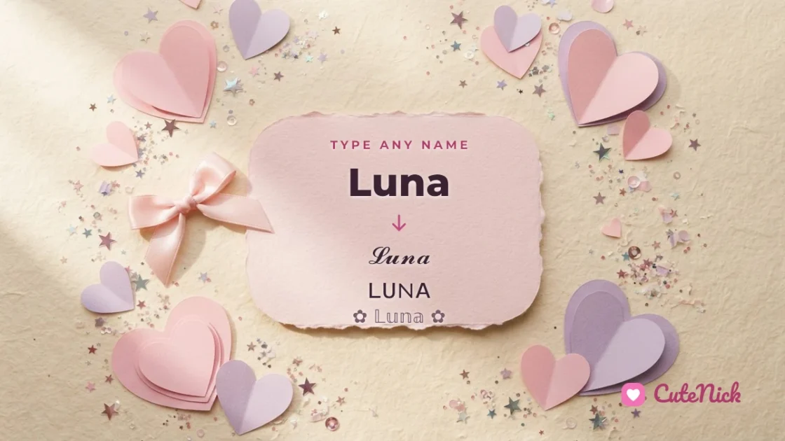 Cute nickname generator card showing the name Luna turned into styled cute nicknames
