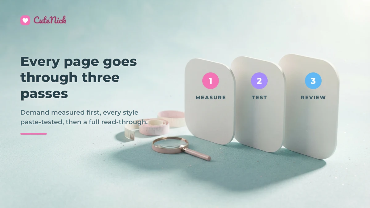 Three pastel cards numbered measure, test and review, showing how every CuteNick page is checked