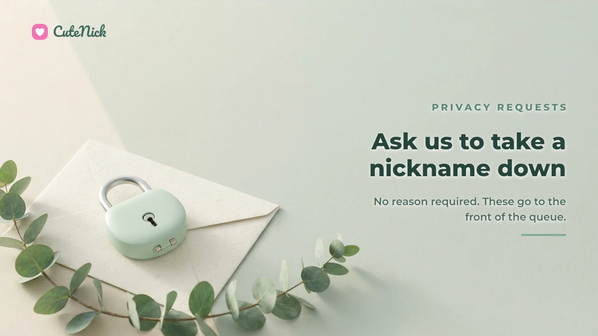 Privacy request illustration: ask CuteNick to take a nickname down, no reason required