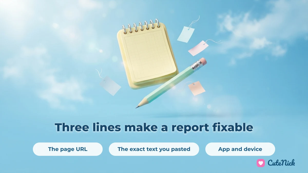 Three items to include when you report a nickname problem: the page URL, the exact text you pasted, and your app and device