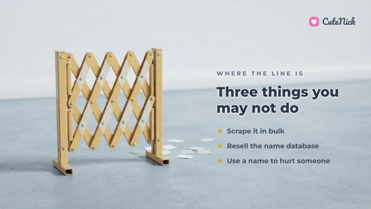 Three things you may not do on CuteNick: scrape it in bulk, resell the name database, or use a name to hurt someone