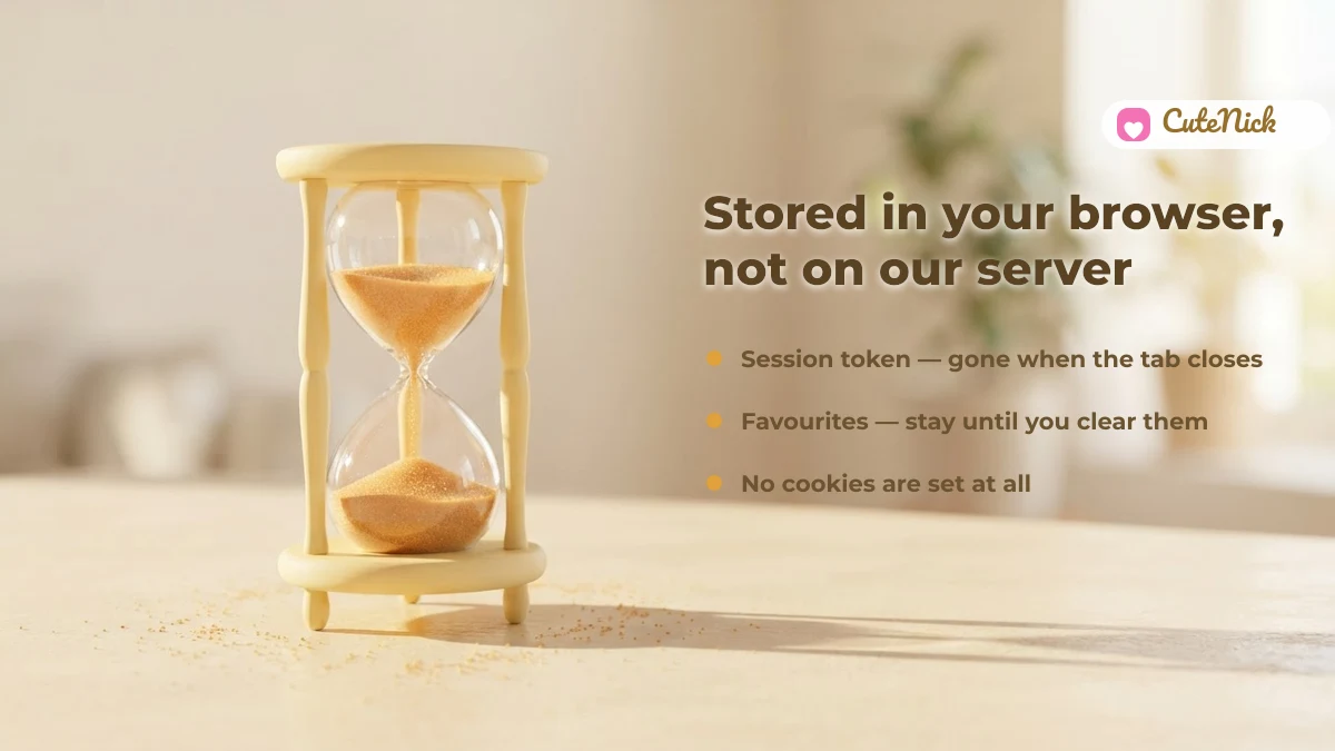 What your browser stores on CuteNick: a session token that expires when the tab closes, a favourites list, and no cookies